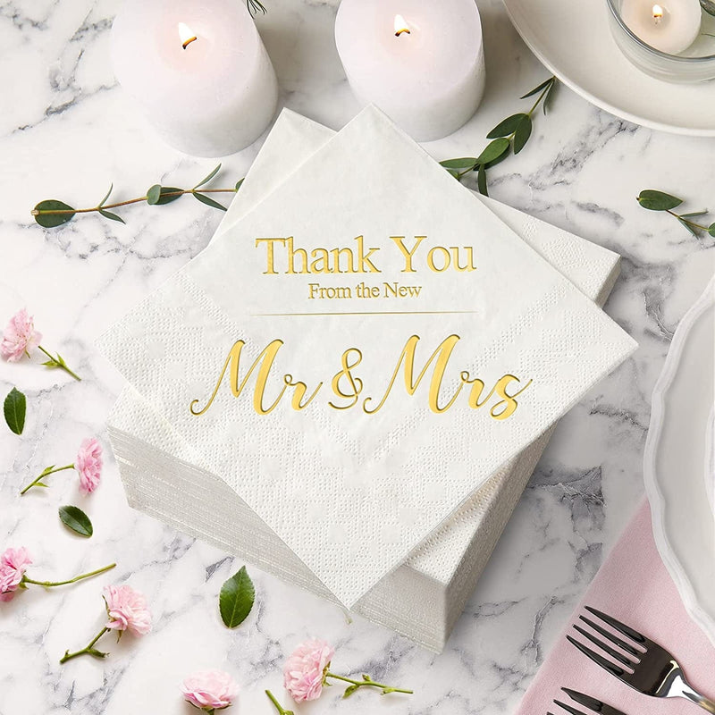200 PCS Wedding Napkins Gold Mr and Mrs Cocktail Napkins, Beverage Cake Dessert Paper Napkins Disposable for Wedding Engagement Party Reception, Table Decorations, Wedding Party Supplies, Multi-Layer Home & Garden > Kitchen & Dining > Barware Bg4Life   