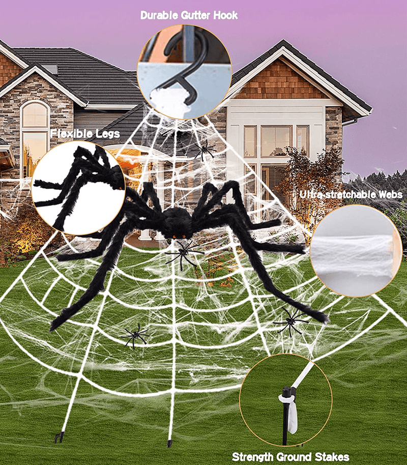 200" Spider Web Halloween Decorations Outdoor Indoor + 59" Huge Big Large Giant Spider + Fake Spider Stretch Cobweb Triangular Haunted Cute Creepy Cheap Lawn Yard Home Costumes Party Scary House Decor Arts & Entertainment > Party & Celebration > Party Supplies Gyothrig   