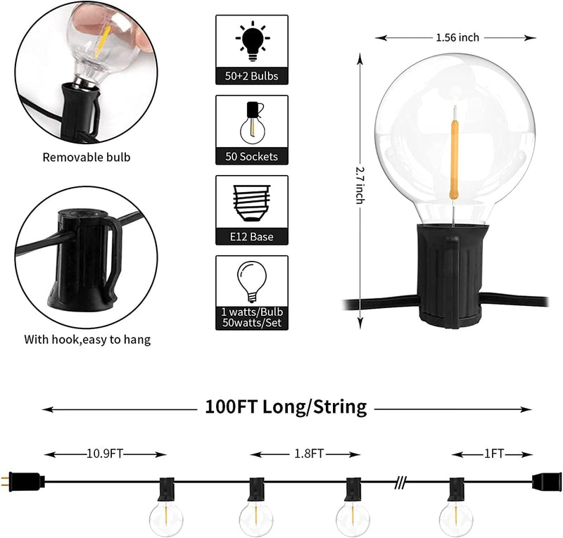 200FT Outdoor String Lights, LED Dimmable Patio Lights Globe Connectable Shatterproof Waterproof G40 outside Hanging Lights with 104 Plastic Bulbs for Patio Backyard Cafe Bistro Porch (2×100FT) Home & Garden > Lighting > Light Ropes & Strings Yuucio   