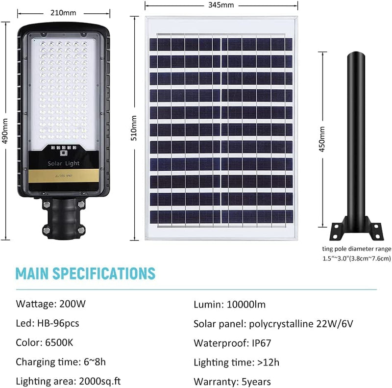 200W Solar Street Lights Outdoor Lamp, 10000Lm Dusk to Dawn IP67 Security Led Flood Light with Remote Control Mounting Pole and Bracket Garden, Street, Court, Parking Lot Home & Garden > Lighting > Lamps Dongguan Joylight Technology Co., Ltd   