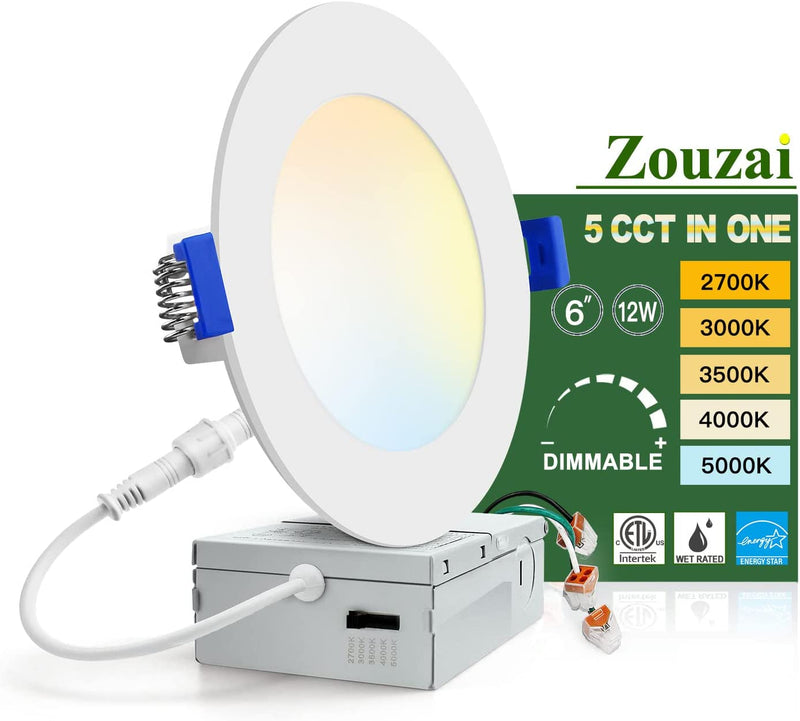 Zouzai 12 Pack 6 Inch 5CCT Ultra-Thin LED Recessed Ceiling Light with Junction Box, 2700K-5000K Selectable, Dimmable Led Downlight，13W Eqv 120W, Led Can Lights- ETL Home & Garden > Lighting > Flood & Spot Lights zouzai 1 Pack 5CCT 6 Inch 
