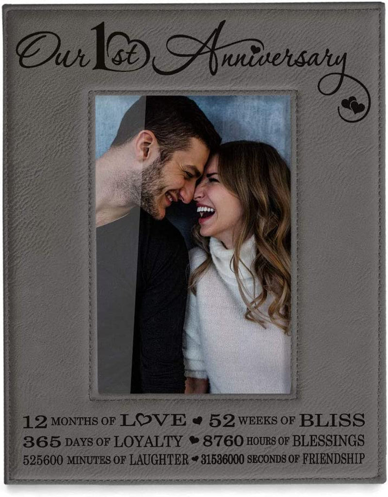 KATE POSH Our First (1St) Anniversary Engraved Leather Picture Frame - Gifts for Couple, Gifts for Him, Gift for Her, Paper, Photo Frame, First Wedding (5X7-Horizontal) Home & Garden > Decor > Picture Frames KATE POSH 5x7-Vertical (Grey)  