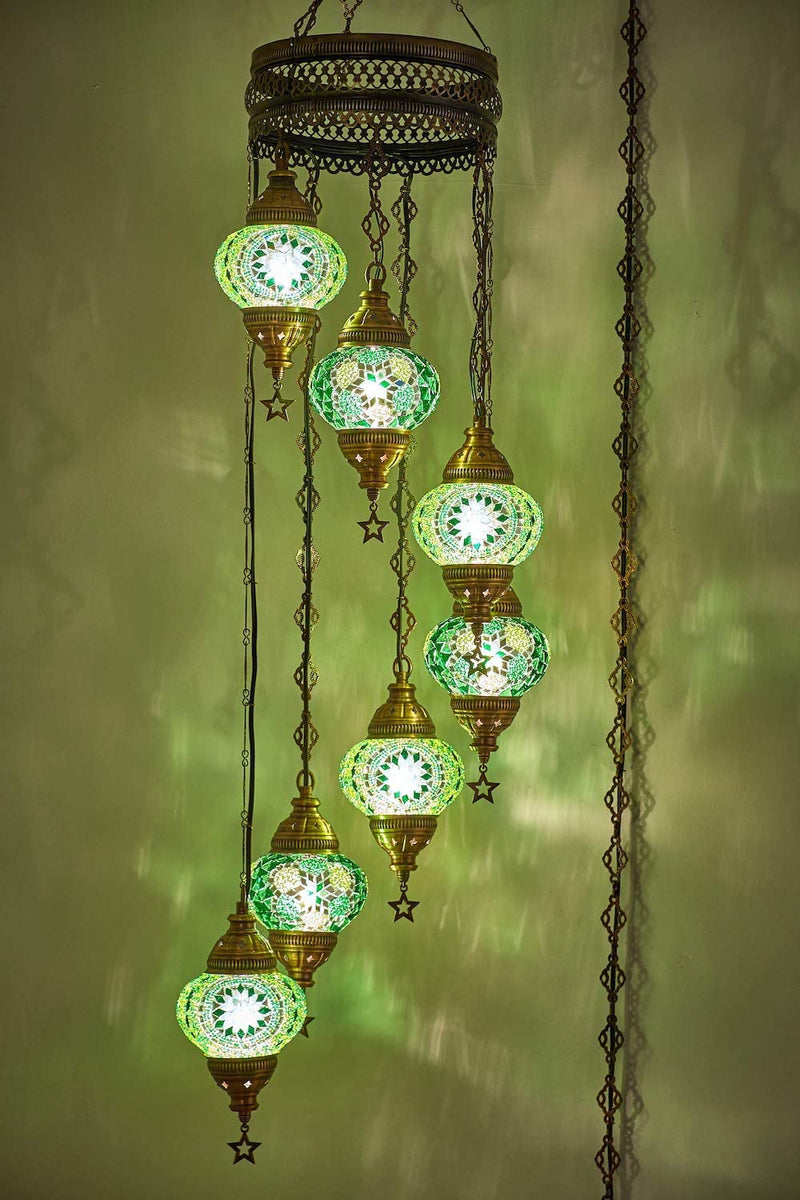 7 Globes Swag Plug in Turkish Moroccan Mosaic Bohemian Tiffany Ceiling Hanging Pendant Light Lamp Chandelier Lighting with 15Feet Cord Chain and Plug, 50" Height (Multicolor) Home & Garden > Lighting > Lighting Fixtures > Chandeliers DEMMEX Green  