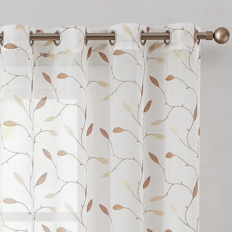 JINCHAN Sheer Embroidered Curtains for Living Room 84 Inch Length 2 Panels Leaf Pattern Voile for Bedroom Botanical Design Rod Pocket Top Window Treatments Sheers for Kitchen White on Taupe Home & Garden > Decor > Window Treatments > Curtains & Drapes CKNY HOME FASHION Leaf Gold 63"L 