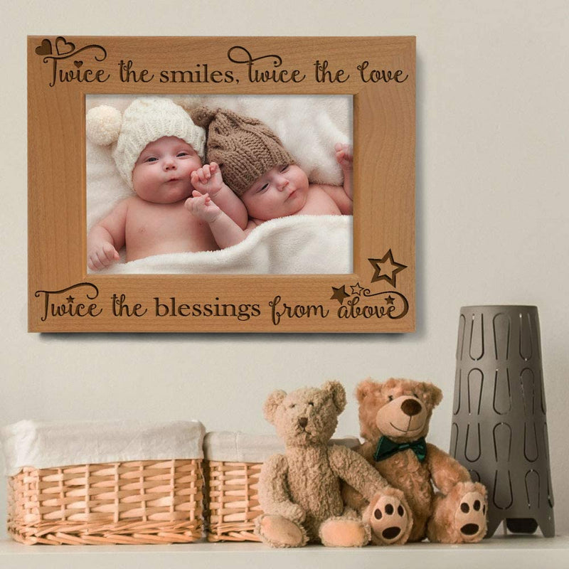 KATE POSH - Twice the Smiles, Twice the Love, Twice the Blessings from above - Engraved Natural Wood Picture Frame - Twins Photo Frame, Twins Gifts for Babies, Twins Gifts for Mom (4X6-Horizontal) Home & Garden > Decor > Picture Frames KATE POSH   