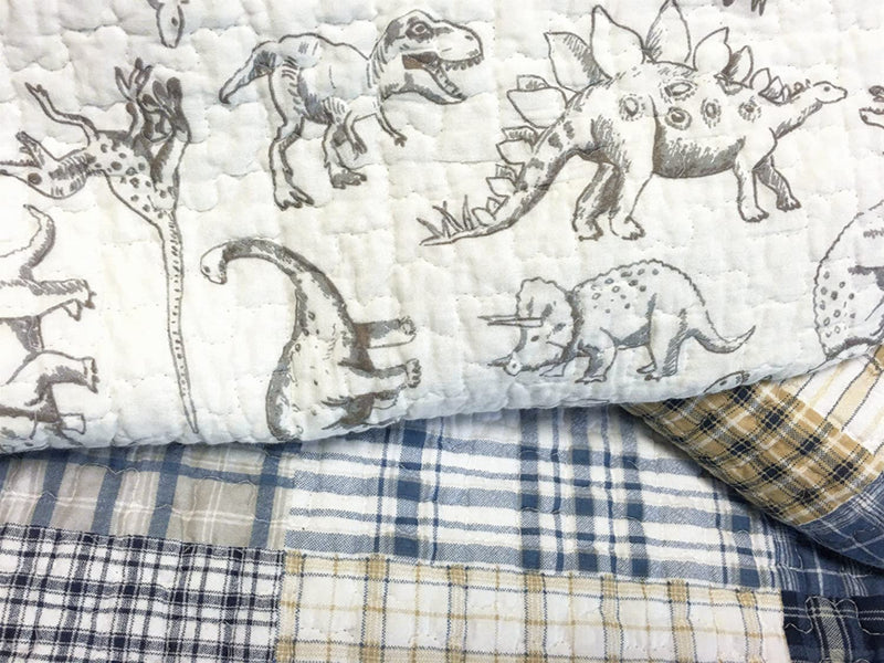 Cozy Line Home Fashions Benjamin Cute Dinosaur Plaid Printed Pattern Navy Blue White Grey Bedding Quilt Set 100% Cotton Reversible Coverlet Bedspread Set for Kids Boy (Queen - 3 Piece) Home & Garden > Linens & Bedding > Bedding Cozy Line Home Fashions Dinosaur-cotton Twin 