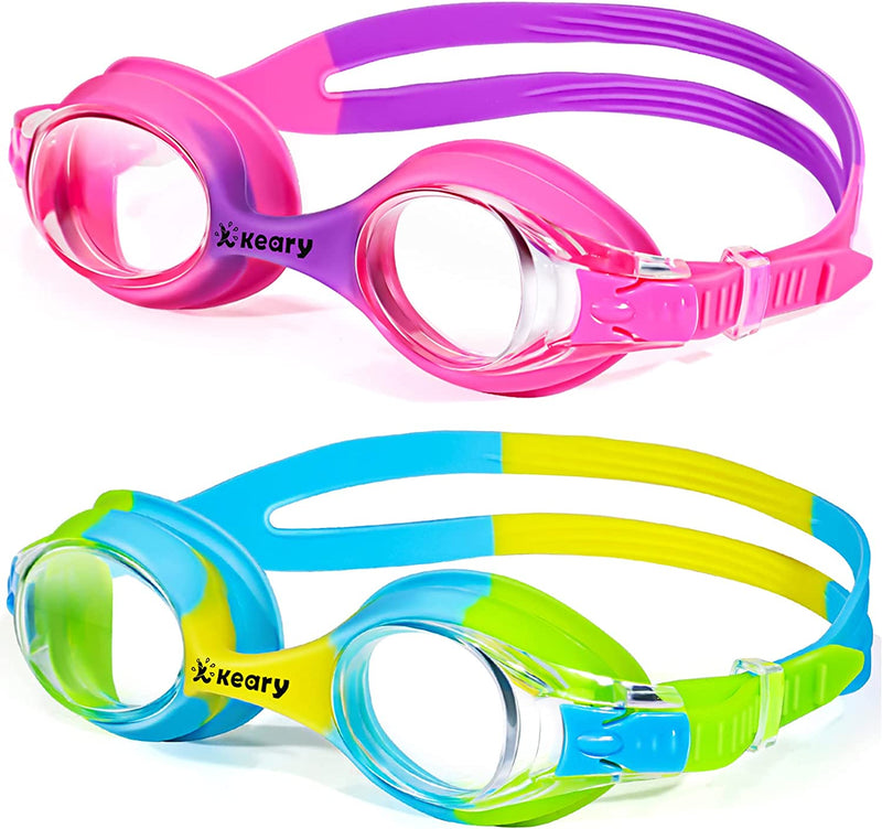 Keary 2 Pack Anti-Fog Swim Goggles for Kids Toddler(2-9), Waterproof UV Protection Flat Lens with Flexible Nose Piece Sporting Goods > Outdoor Recreation > Boating & Water Sports > Swimming > Swim Goggles & Masks Keary Purple & Green【plastic Case】  