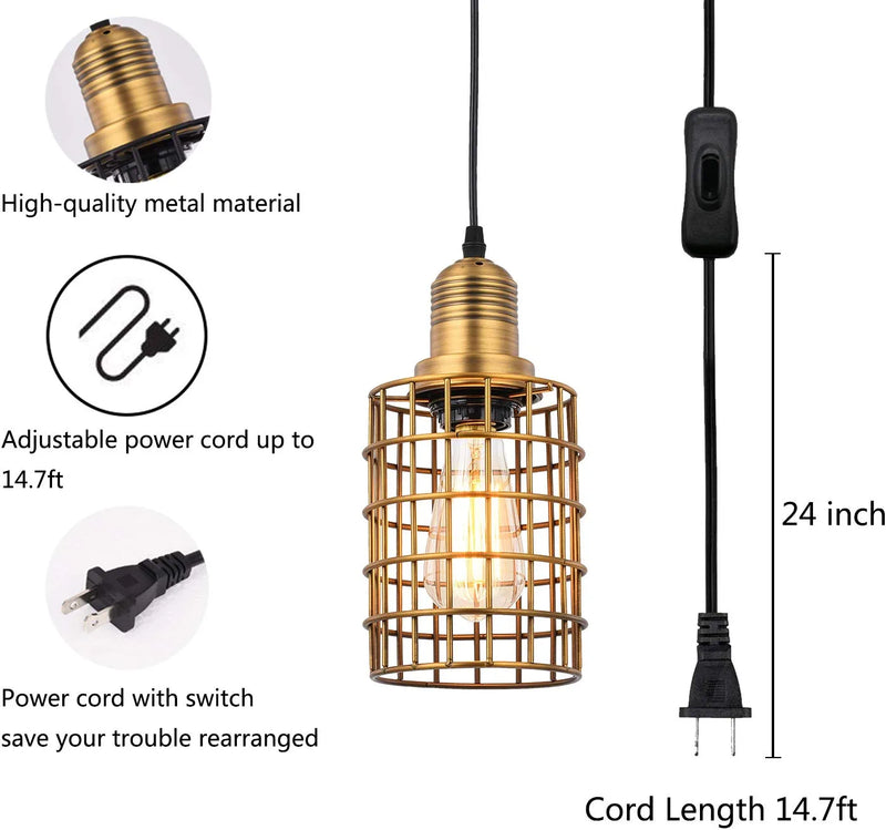 Topotdor Pendant Light with Plug in Cord 2 Pack,Vintage Adjustable Industrial Hanging Cage Lighting E26 Edison Plug in Light Fixture On/Off Switch (Gold) Home & Garden > Lighting > Lighting Fixtures Topotdor   