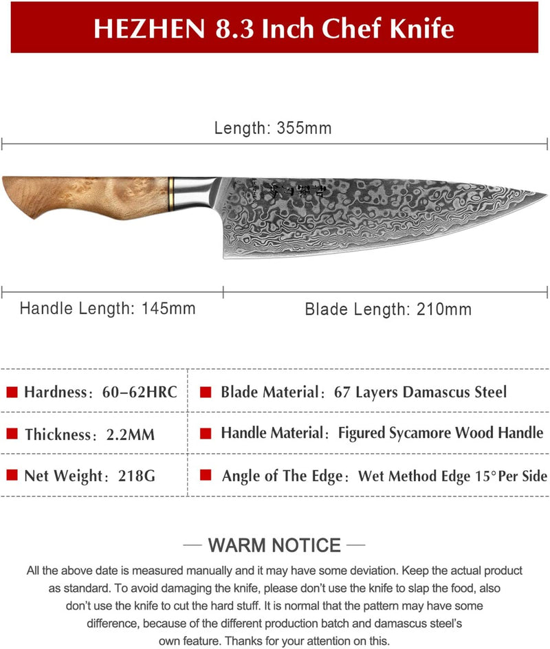 HEZHEN Chef'S Knife-Professional-8.3 Inch Damascus Steel, Kitchen Knife VG10 Gyuto Knife-Master Series Chef Cooking Tool at Home,Restaurant-Figured Sycamore Wood Handle