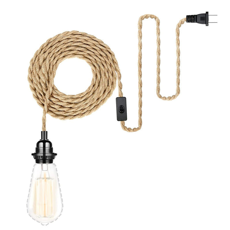 15Ft Pendant Light Cord - Wonfly Plug in Hanging Light Kit with Switch Cord E26 E27 Socket, Industrial Vintage Fabric Cord with Twisted Hemp Rope Pendant Lights for Lighting Decors Home & Garden > Lighting > Lighting Fixtures Wonfly 1-pack  