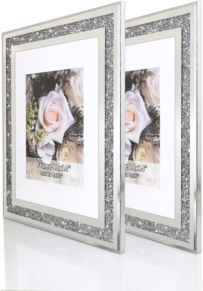 Crushed Diamond Wedding Mirror Photo Frame, Crystal Silver Glass Picture Frame for Photograph Size 11X14 Inch with Mat for 8X10Inch, Pack of 2 Pieces Wall Frame. Bling Sparkle Crushed Diamond Home Decor. Home & Garden > Decor > Picture Frames MY   