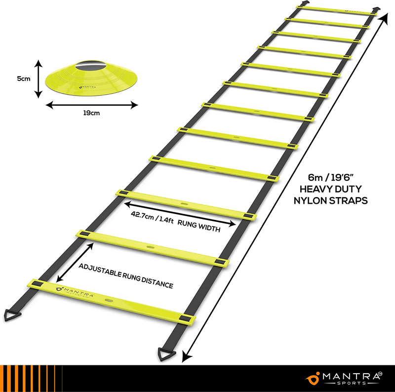 20ft Agility Ladder & Speed Cones Training Set - Exercise Workout Equipment To Boost Fitness & Increase Quick Footwork - Kit for Soccer, Football, Hockey & Basketball - With Carry Bag & Drill Charts Sporting Goods > Outdoor Recreation > Boating & Water Sports > Swimming Mantra Sports   