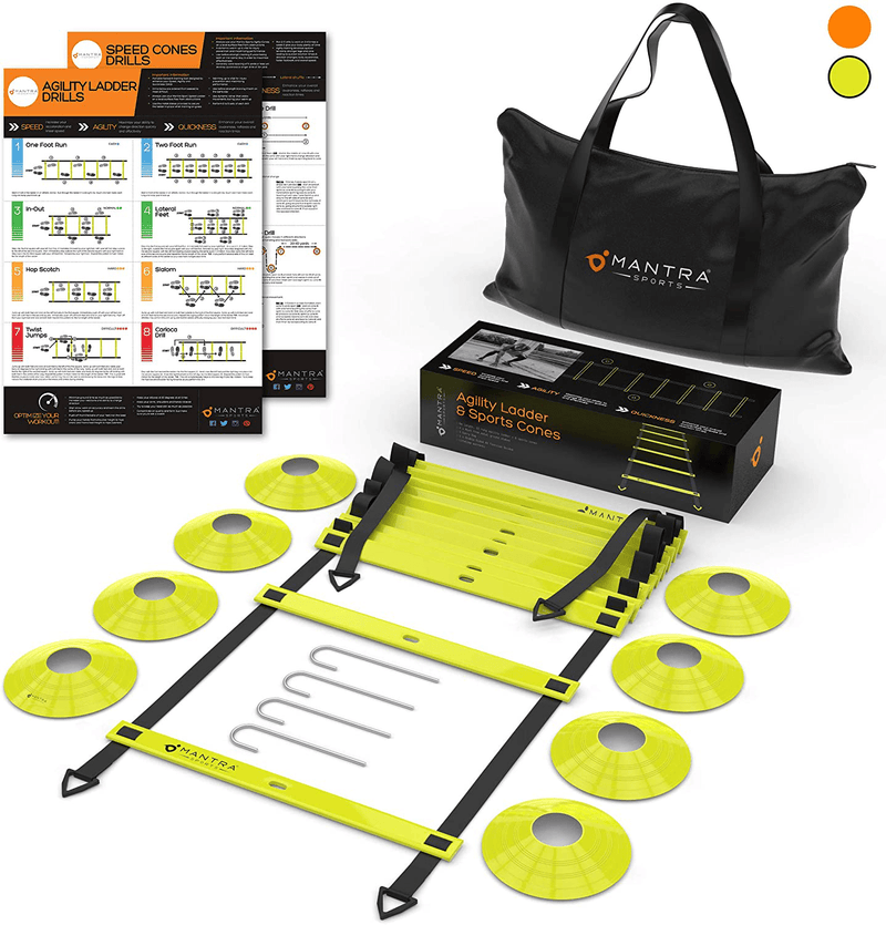 20ft Agility Ladder & Speed Cones Training Set - Exercise Workout Equipment To Boost Fitness & Increase Quick Footwork - Kit for Soccer, Football, Hockey & Basketball - With Carry Bag & Drill Charts Sporting Goods > Outdoor Recreation > Boating & Water Sports > Swimming Mantra Sports Yellow  