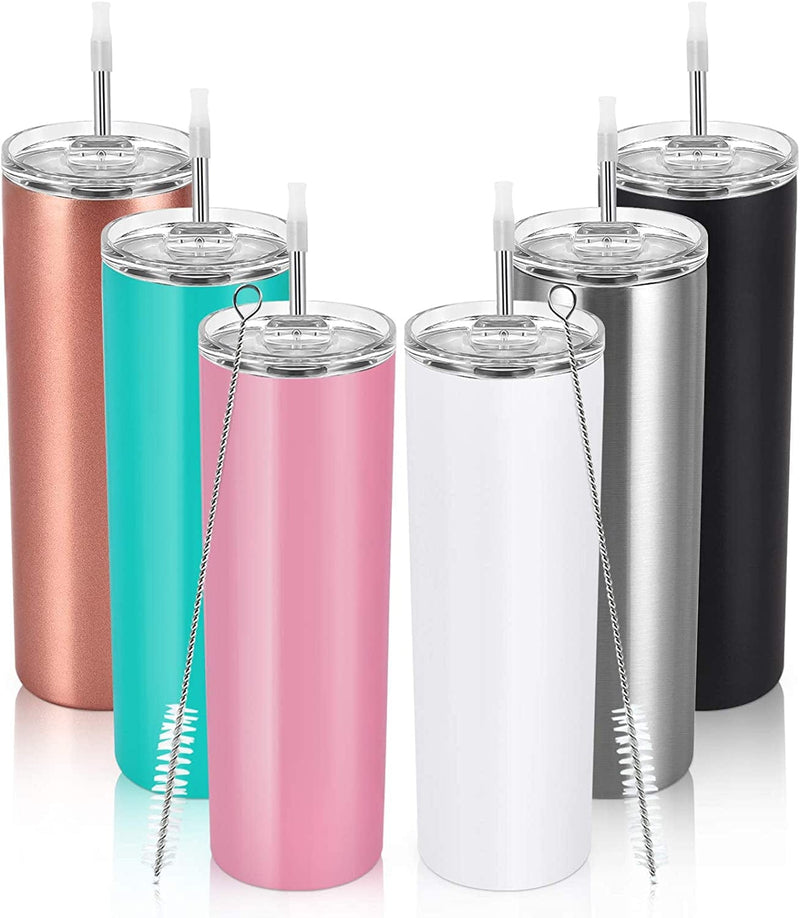 20Oz Stainless Steel Skinny Tumbler, 6 Pack Double Wall Insulated Tumblers with Lid and Straw, Water Tumbler Cup, Slim Vacuum Travel Tumbler for Coffee Wine Drinks Tea Beverages Home & Garden > Kitchen & Dining > Tableware > Drinkware Pknoclan 3-Multicolor 6 