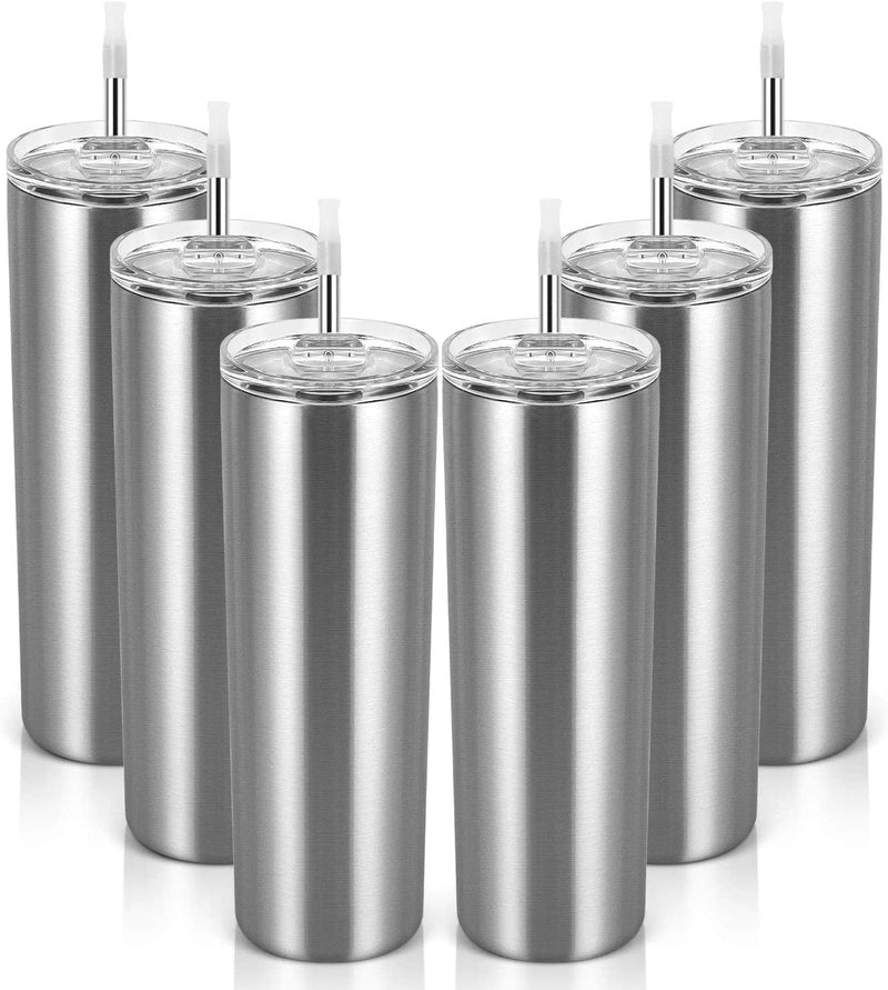 20Oz Stainless Steel Skinny Tumbler, 6 Pack Double Wall Insulated Tumblers with Lid and Straw, Water Tumbler Cup, Slim Vacuum Travel Tumbler for Coffee Wine Drinks Tea Beverages