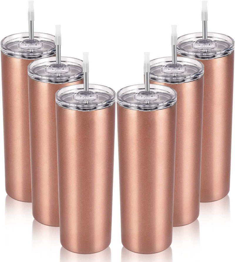 20Oz Stainless Steel Skinny Tumbler, 6 Pack Double Wall Insulated Tumblers with Lid and Straw, Water Tumbler Cup, Slim Vacuum Travel Tumbler for Coffee Wine Drinks Tea Beverages