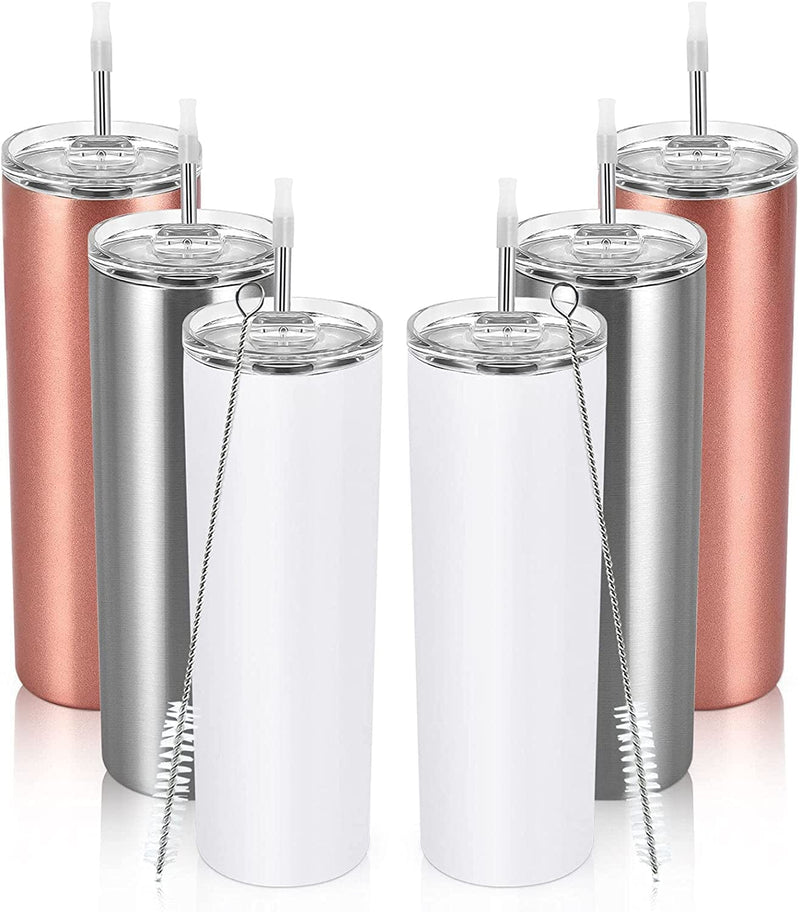 20Oz Stainless Steel Skinny Tumbler, 6 Pack Double Wall Insulated Tumblers with Lid and Straw, Water Tumbler Cup, Slim Vacuum Travel Tumbler for Coffee Wine Drinks Tea Beverages Home & Garden > Kitchen & Dining > Tableware > Drinkware Pknoclan 7-Rose Gold White Silver 1 