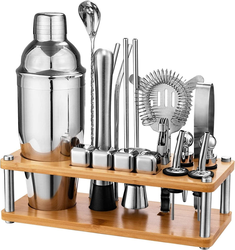 21 Pieces Cocktail Shaker Set with Bamboo Stand,Gifts for Men Dad Grandpa,Stainless Steel Bartender Kit Bar Tools Set,Home, Bars, Parties and Traveling(Bamboo Wood Silver) Home & Garden > Kitchen & Dining > Barware Oyydecor Bamboo Wood Silver  