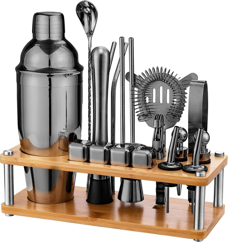 21 Pieces Cocktail Shaker Set with Bamboo Stand,Gifts for Men Dad Grandpa,Stainless Steel Bartender Kit Bar Tools Set,Home, Bars, Parties and Traveling(Bamboo Wood Silver) Home & Garden > Kitchen & Dining > Barware Oyydecor Bamboo Wood Black  