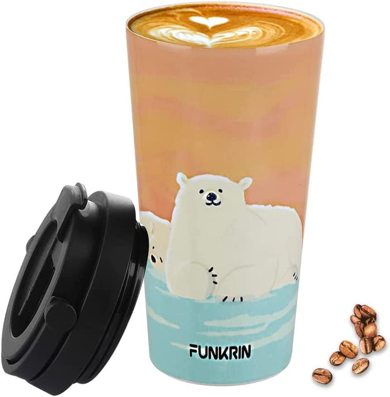 Funkrin Insulated Travel Coffee Mug with Ceramic Coating, Personalized Gifts for Men Women Kids, 16Oz Stainless Steel Tumbler with Flip Lid Portable Handle, Double Wall Leak-Proof Thermos Mug Home & Garden > Kitchen & Dining > Tableware > Drinkware Funkrin Polar Bear 1 Count (Pack of 1) 