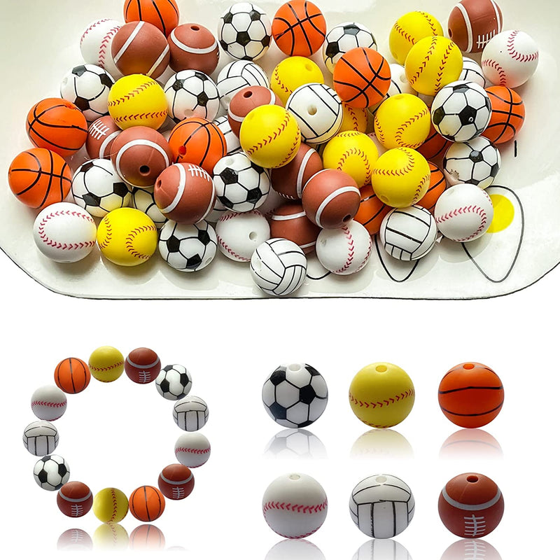Sports Silicone Beads 15Mm Baseball Softball Football round Silicone Beads Soccer Basketball Volleyball Silicone Accessory Kit for Keychain Making Bracelet Necklace Handmade Crafts-60Pcs Sporting Goods > Outdoor Recreation > Winter Sports & Activities DNCHGOYA   