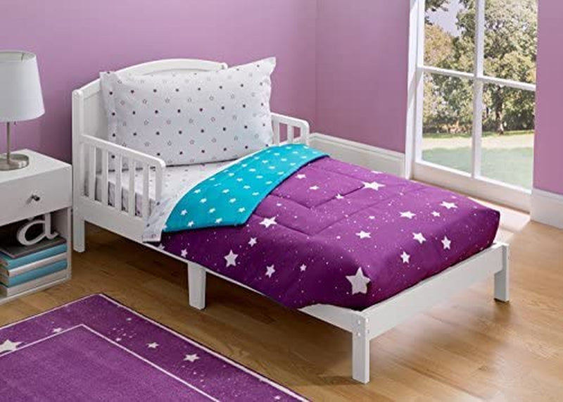 Delta Children 4 Piece Toddler Bedding Set for Girls - Reversible 2-In-1 Comforter - Includes Fitted Comforter to Keep Little Ones Snug, Bottom Sheet, Top Sheet, Pillow Case - Purple Stars Night Home & Garden > Linens & Bedding > Bedding Delta Children   