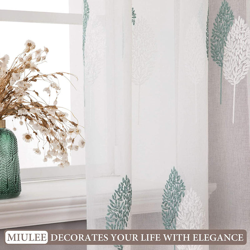MIULEE 2 Panels Leaves Embroidery Sheer Curtains Grommet Window Curtain Semi Voile Drapes Panels for Living Room Bedroom 54" W X 84" L (White and Blue) Home & Garden > Decor > Window Treatments > Curtains & Drapes MIULEE   