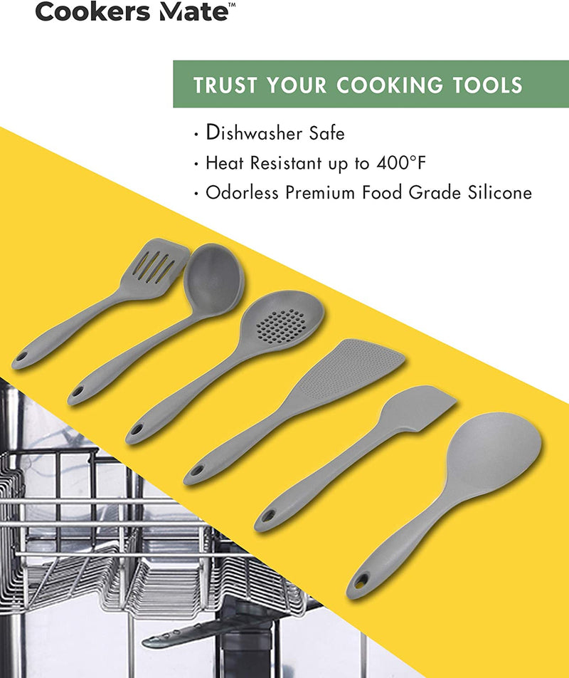 Cookers Mate Silicone Kitchen Cooking Utensil Set Extra Large XL - 6 Piece Non-Stick Heat Resistant Cookware, Premium Designed Tools Including Spatula, Spoon, Fish Turner and Ladle (Gray) Home & Garden > Kitchen & Dining > Kitchen Tools & Utensils Cookers Mate   