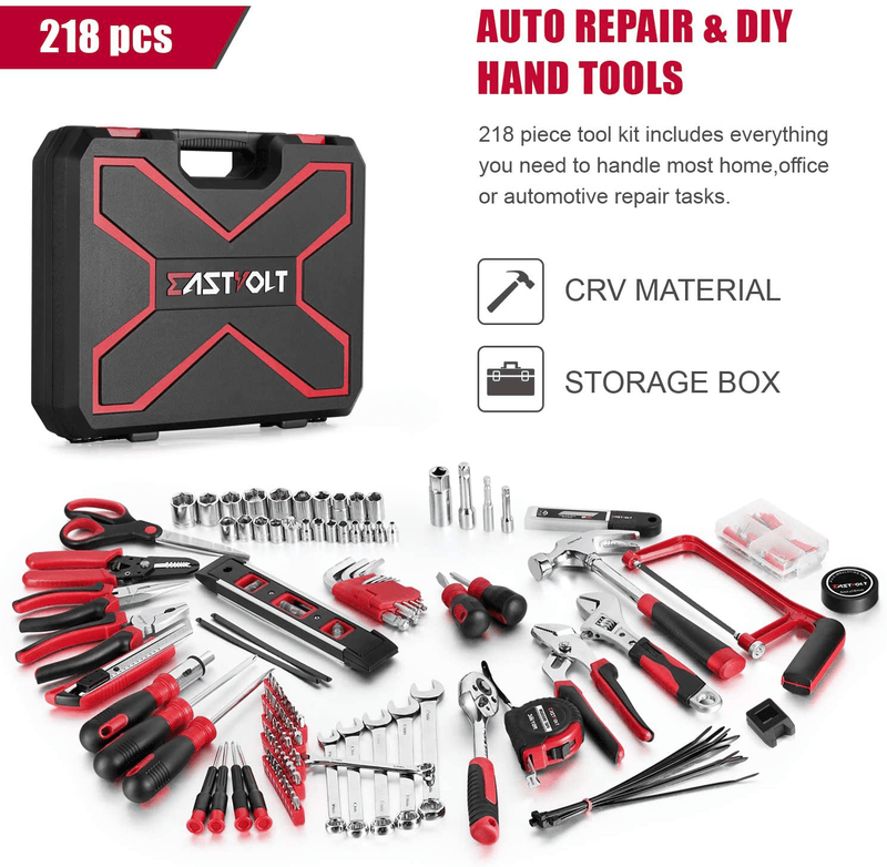 218-Piece Household Tool kit,Auto Repair Tool Set, EASTVOLT Tool kits for Homeowner, General Household Hand Tool Set with Hammer, Plier, Screwdriver Set, Socket Kit, with Carrying Tool Box, EVHT21801