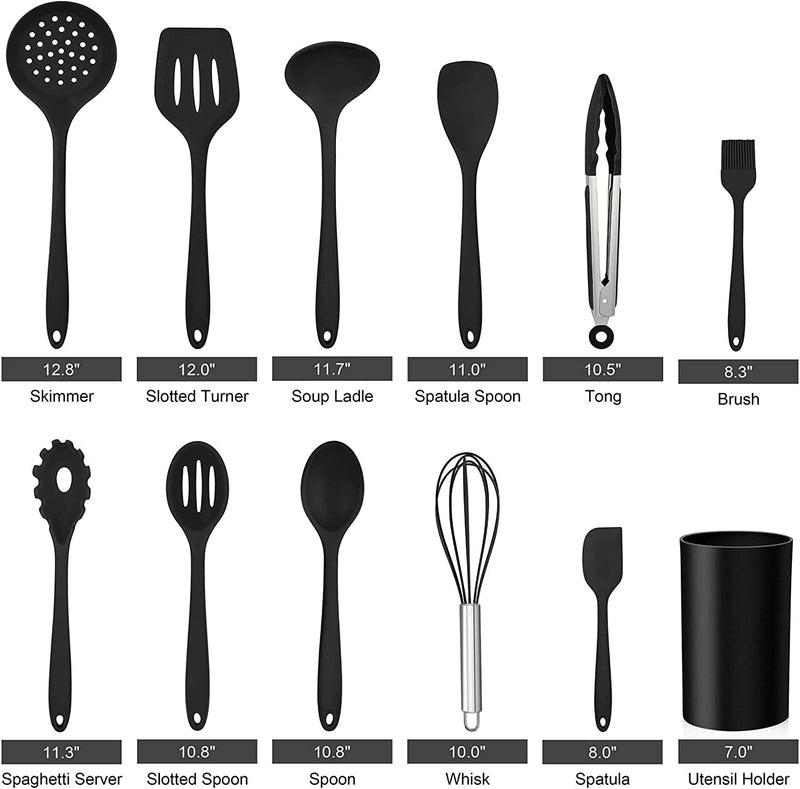 LIANYU 12-Piece Black Silicone Kitchen Cooking Utensils Set with Holder, Kitchen Tools Include Slotted Spatula Spoon Turner Ladle Tong Whisk, Dishwasher Safe