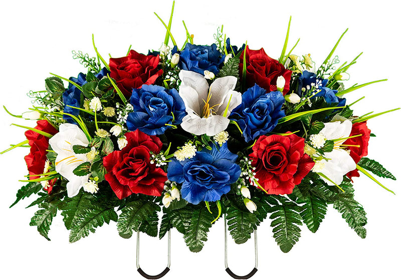 Sympathy Silks Artificial Cemetery Flowers – Realistic- Outdoor Grave Decorations - Non-Bleed Colors, and Easy Fit - Lavender Amaryllis & Purple Rose Saddle for Headstone Home & Garden > Decor > Seasonal & Holiday Decorations Rubys Silk Flowers Red White Blue Saddle 