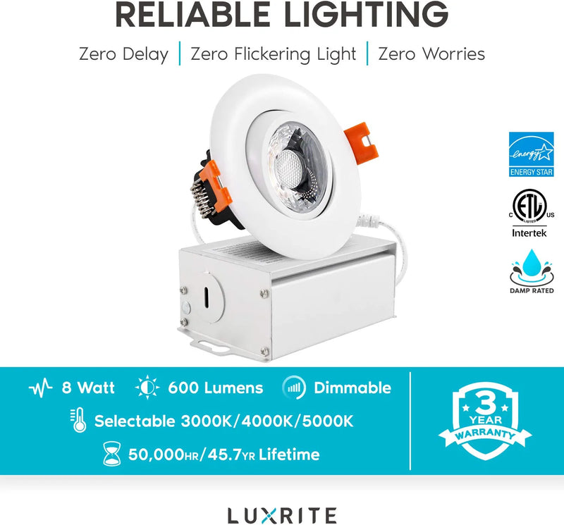 Luxrite 3 Inch Adjustable LED Gimbal Recessed Lighting with Junction Box, 3 Color Selectable 3000K | 4000K | 5000K, 8W=50W, 600 Lumens, Dimmable Canless LED Downlight, IC Rated, Damp Rated Home & Garden > Lighting > Flood & Spot Lights LUXRITE   
