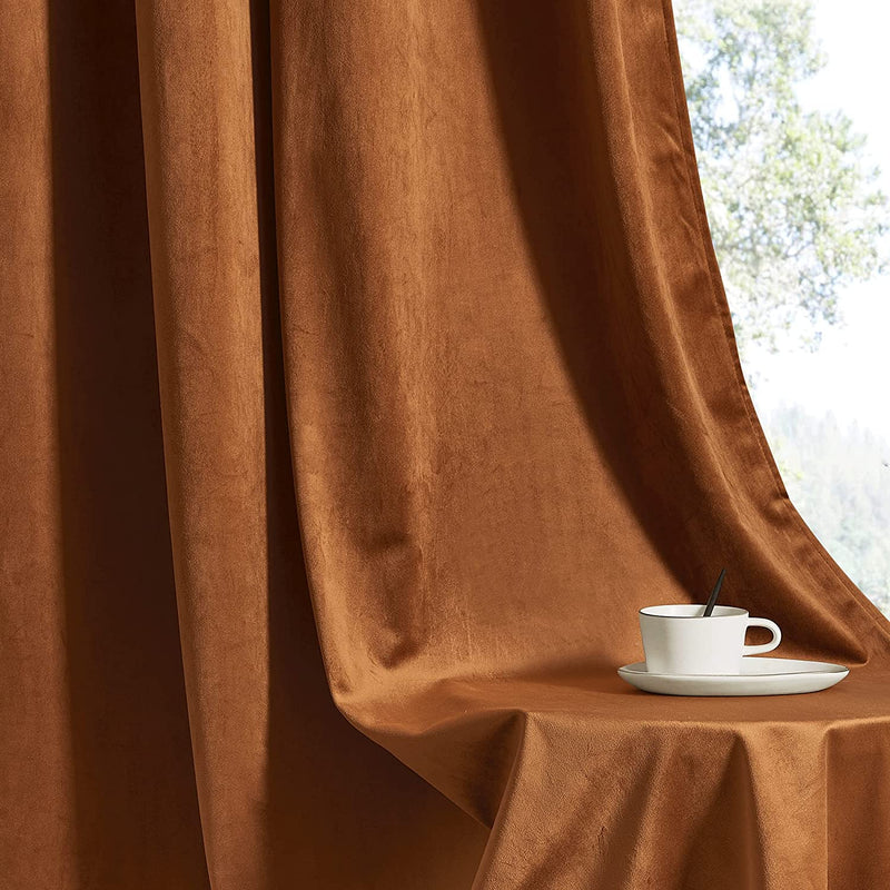RYB HOME Super Soft Velvet for Living Room, Rustproof Grommet Window Drapes Energy Efficient Curtains for Bedroom Home Office, W52 X L84 Inch, Golden Oak, 2 Panels