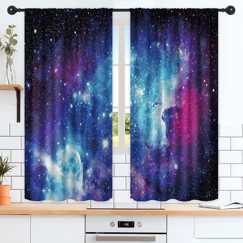 Riyidecor Galaxy Outer Space Nebula Curtains (2 Panels 42 X 63 Inch) Blue Rod Pocket Universe Planets Boys Fantasy Starry Black Art Printed Living Room Bedroom Window Drapes Treatment Fabric WW-CLLE Home & Garden > Decor > Window Treatments > Curtains & Drapes Pan na Blue 29.5Wx63H 