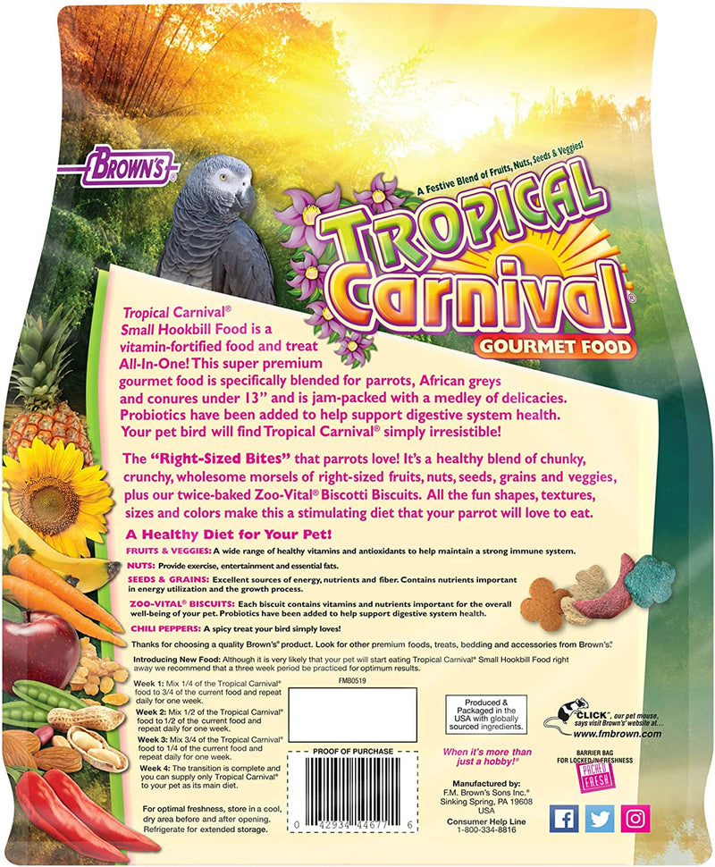 F.M. Brown'S Tropical Carnival Gourmet Bird Food for Parrots, African Greys, and Conures under 13", Probiotics for Digestive Health, Vitamin-Nutrient Fortified Daily Diet - 5 Lb. Animals & Pet Supplies > Pet Supplies > Bird Supplies > Bird Food Fm Browns   