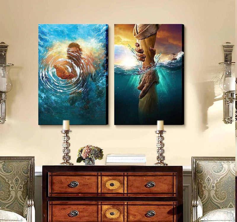 2 Pcs Framed Jesus Wall Art the Hand of God Jesus Reaching into Water Christ Religion Canvas Wall Decor Blue Ocean Bible Pictures Posters Prints Paintings for Living Room Bedroom Church Decorations Ready to Hang