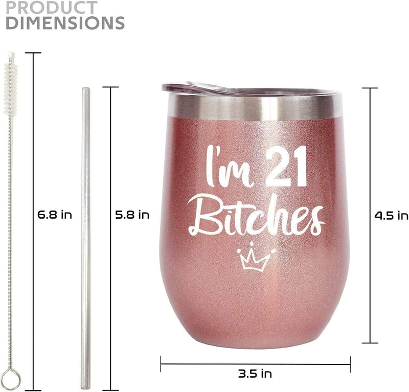 21St Birthday Gifts for Women 12Oz Wine Tumbler with Lid | Funny 21 Year Old Birthday Gift for Her | Birthday Decoration Ideas | Finally 21 Shot Glass | Rose Gold Cup with Tiara Print