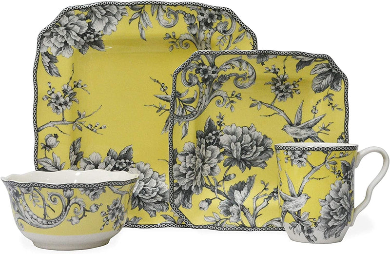222 Fifth Adelaide 16-Piece Porcelain Dinnerware Set with Square Plates, Bowls, and Mugs, Yellow Home & Garden > Kitchen & Dining > Tableware > Dinnerware PTS America Yellow Square Plates 
