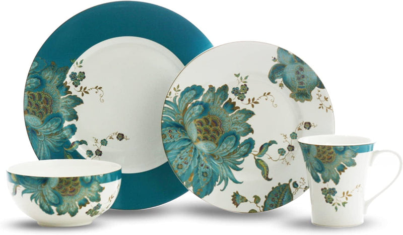 222 Fifth Eliza 16-Piece Porcelain Dinnerware Set with round Plates, Bowls, and Mugs, Teal Home & Garden > Kitchen & Dining > Tableware > Dinnerware PTS America   