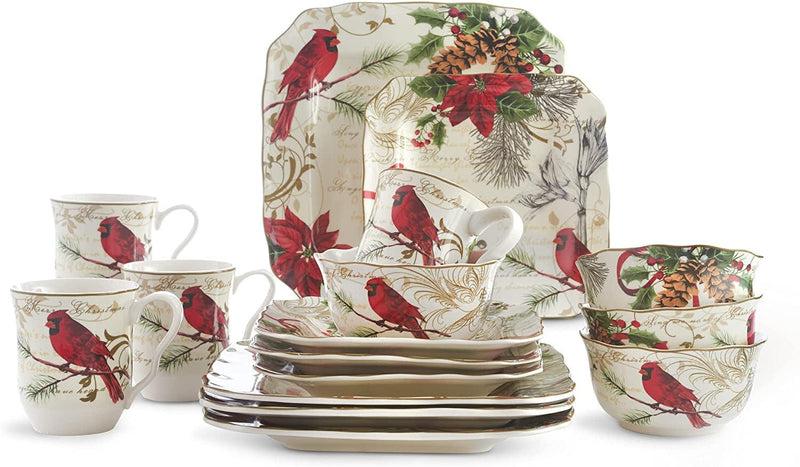 222 Fifth Holiday Wishes 12-Piece Porcelain Dinnerware Set with Square Plates, and Bowls, Red and Green