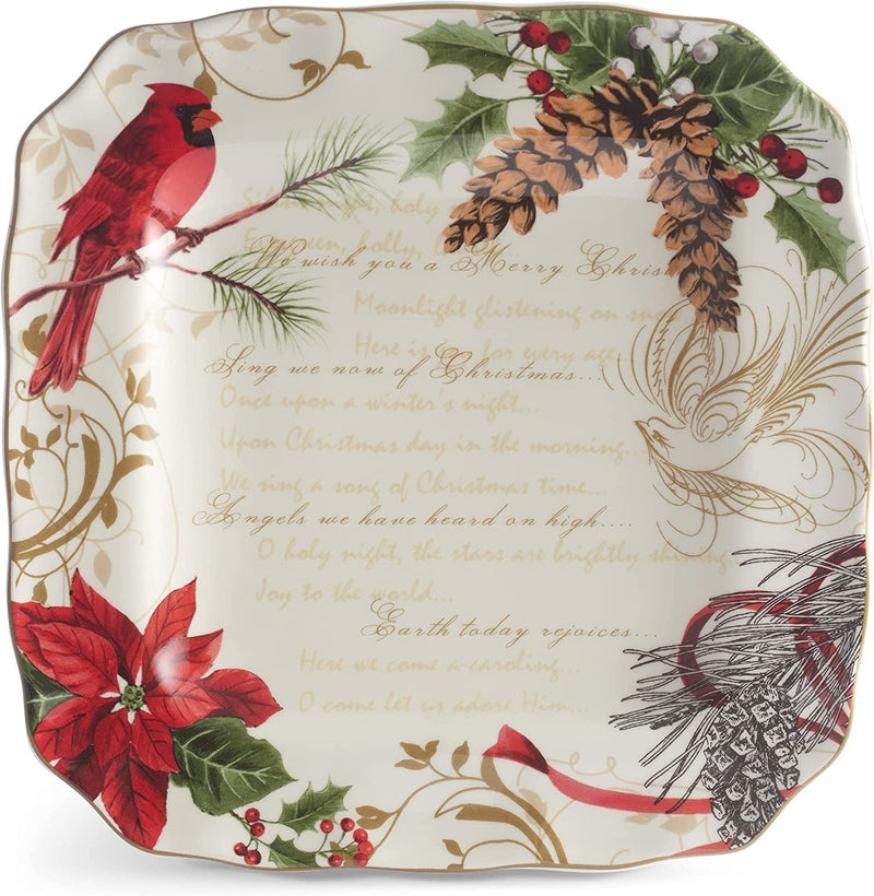 222 Fifth Holiday Wishes 12-Piece Porcelain Dinnerware Set with Square Plates, and Bowls, Red and Green
