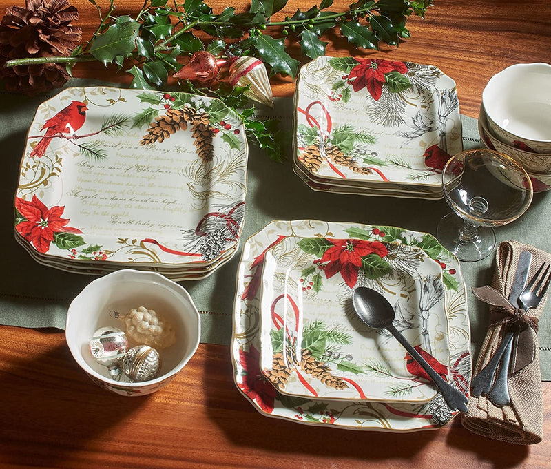 222 Fifth Holiday Wishes 12-Piece Porcelain Dinnerware Set with Square Plates, and Bowls, Red and Green Home & Garden > Kitchen & Dining > Tableware > Dinnerware 222 Fifth   
