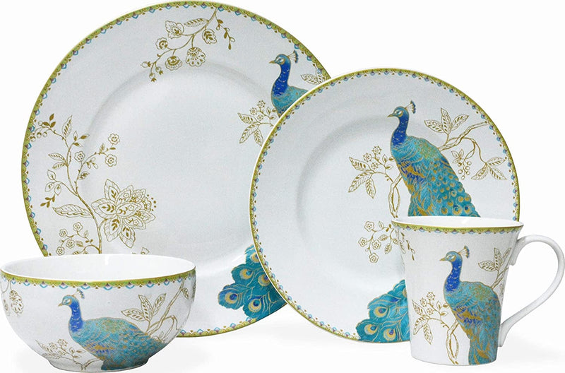 222 Fifth Peacock Garden 16-Piece Porcelain Dinnerware Set with round Plates, Bowls, and Mugs, White
