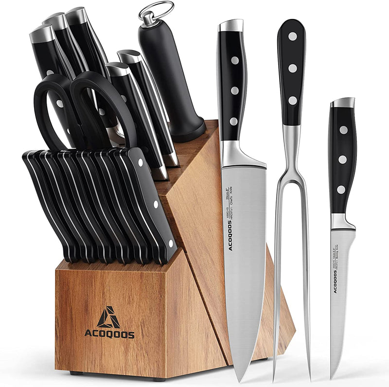 Kitchen Knife Set with Wooden Block, Knife Block Sets 17 Piece with Knife Sharpener, German Stainless Steel and Full-Tang Design by ACOQOOS Home & Garden > Kitchen & Dining > Kitchen Tools & Utensils > Kitchen Knives ACOQOOS 17 PCS  