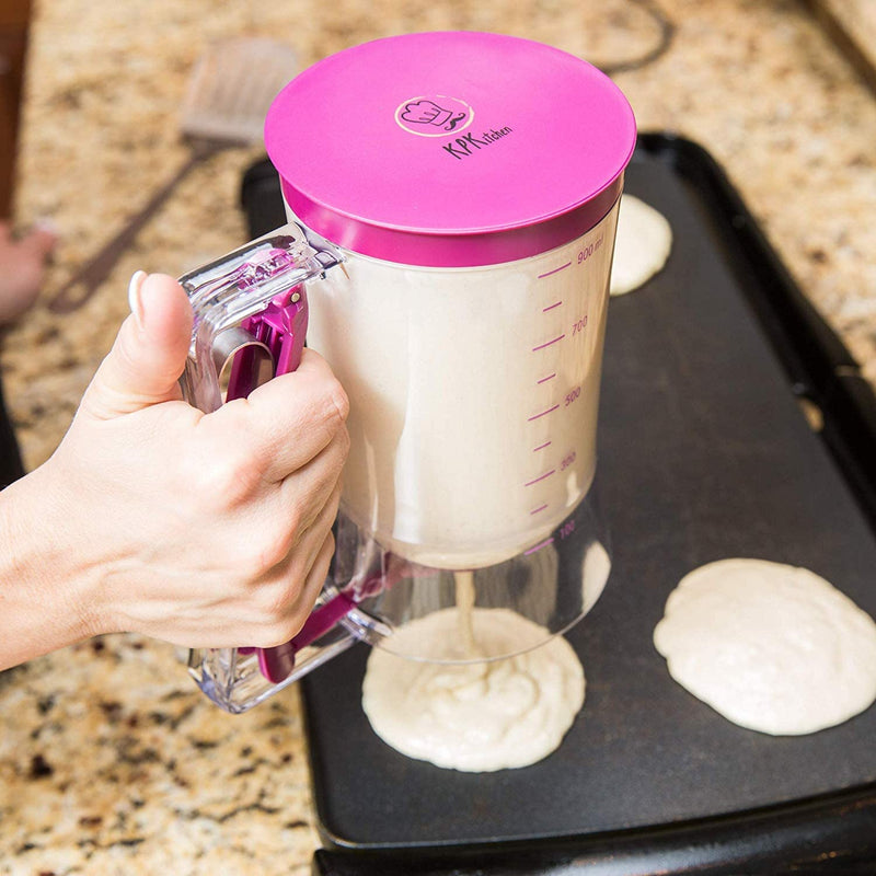 Kpkitchen Pancake Batter Dispenser - Kitchen Must Have Tool for Perfect Pancakes, Cupcake, Waffle, Muffin Mix, Crepe & Cake - Easy Pour Baking Supplies for Griddle - Pancake Maker with Measuring Label