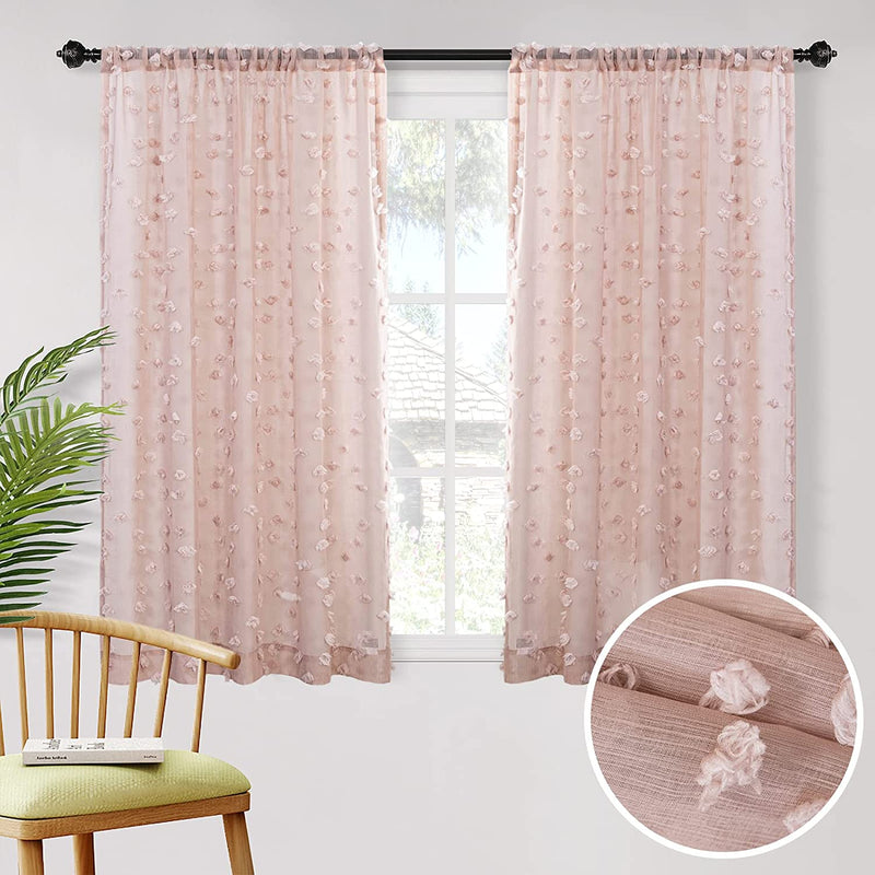 MYSKY HOME Pink Pom Pom Sheer Curtains for Bedroom Light Filtering Semi-Sheer Curtains for Nursery Girls Kids Room Rod Pocket Boho Voile Window Draperies Pink 38 X 45 Inch 2 Panels Home & Garden > Decor > Window Treatments > Curtains & Drapes MYSKY HOME Dusty Pink 54W x 63L 