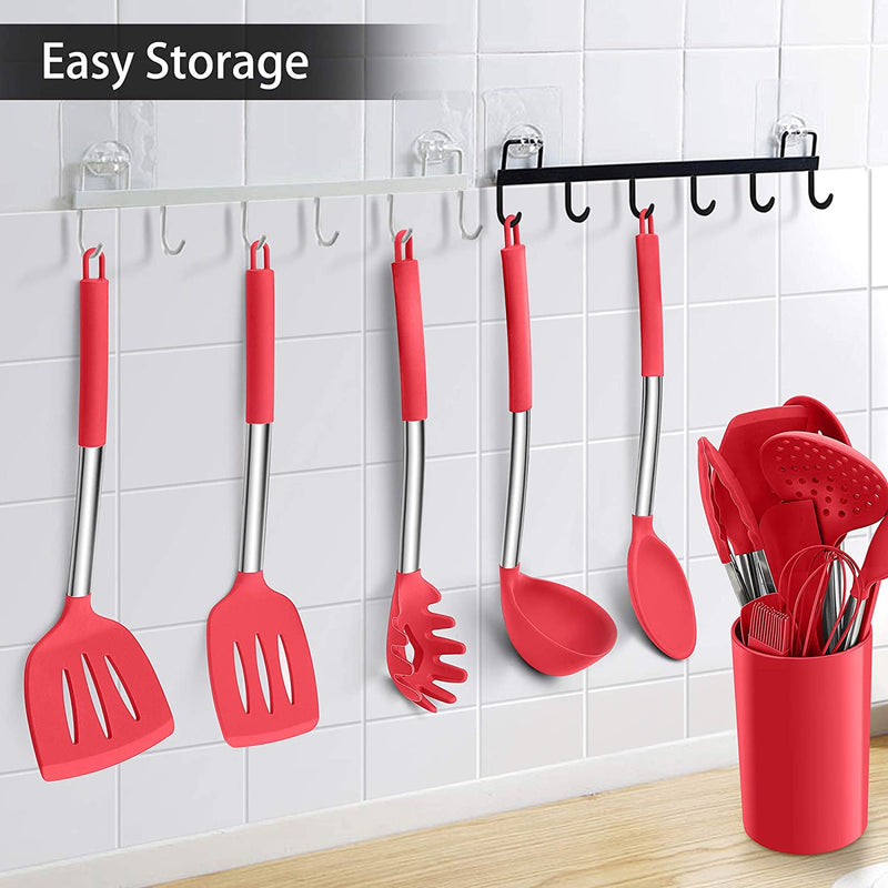 LIANYU 15-Piece Cooking Kitchen Utensils Set with Holder, Silicone Kitchen Tools Stainless Steel Handle, Slotted Spatula Spoon Turner Tong Whisk Brush for Cooking, Red Home & Garden > Kitchen & Dining > Kitchen Tools & Utensils LIANYU   