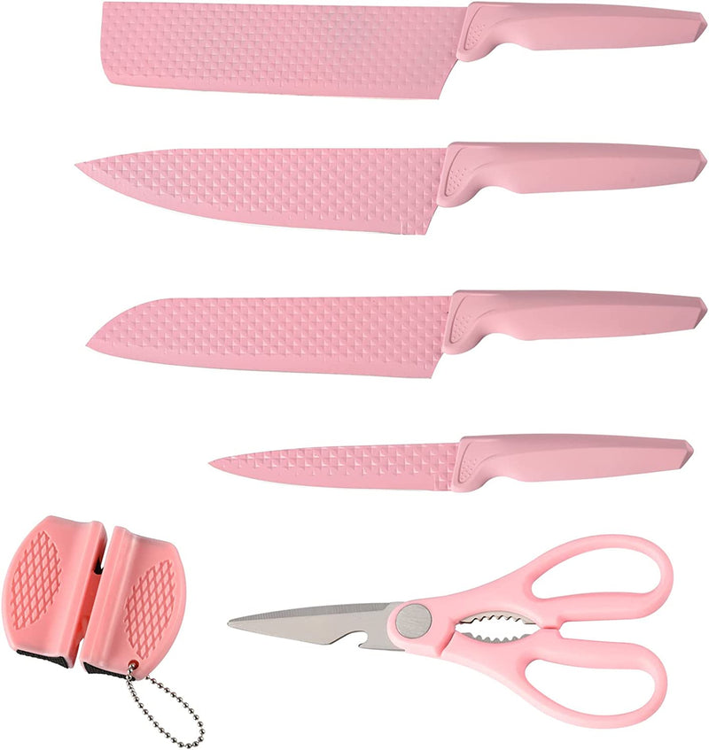 Colorful Kitchen Knife Set 7 PCS, High Carbon Stainless Steel Japanese Knife Set with Non-Stick Coating, Gift Box, Chef Boxed Knives Set for Cooking, Camping, Travel and BBQ Home & Garden > Kitchen & Dining > Kitchen Tools & Utensils > Kitchen Knives CHUYIREN Pink Set of 6 