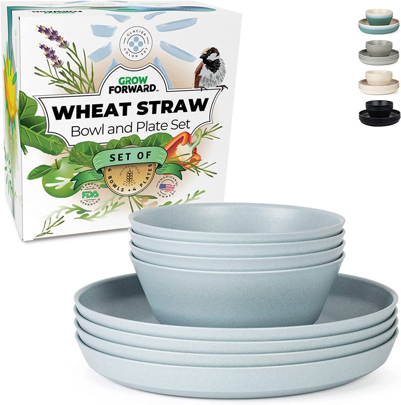 Grow Forward Premium Wheat Straw Dinnerware Sets - 8 Piece Unbreakable Microwave Safe Dishes - Reusable Wheat Straw Plates and Bowls Sets - Wheat Straw Bowls for Cereal, Soup, Camping, RV - Midnight Home & Garden > Kitchen & Dining > Tableware > Dinnerware Grow Forward Glacier Blue  