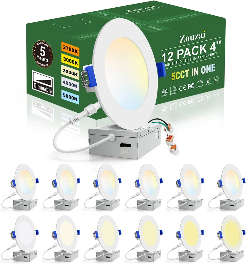 Zouzai 12 Pack 6 Inch 5CCT Ultra-Thin LED Recessed Ceiling Light with Junction Box, 2700K-5000K Selectable, Dimmable Led Downlight，13W Eqv 120W, Led Can Lights- ETL Home & Garden > Lighting > Flood & Spot Lights zouzai 12 Pack 5CCT 4 Inch 